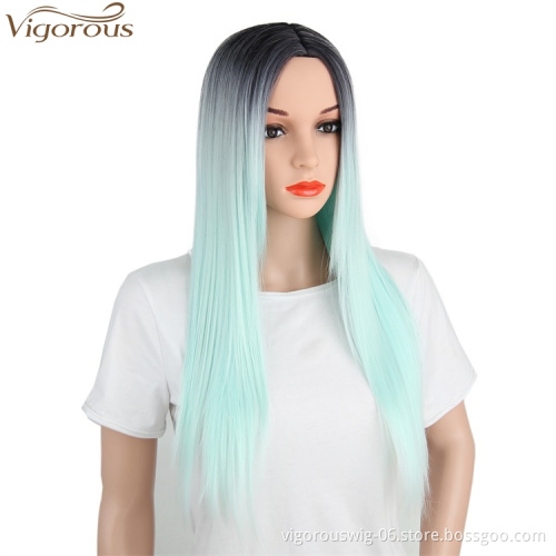Vigorous Synthetic Wigs Long Straight Ombre Cosplay Costume Wig Heat Resistant Fiber Mint Green Full Wigs for Women